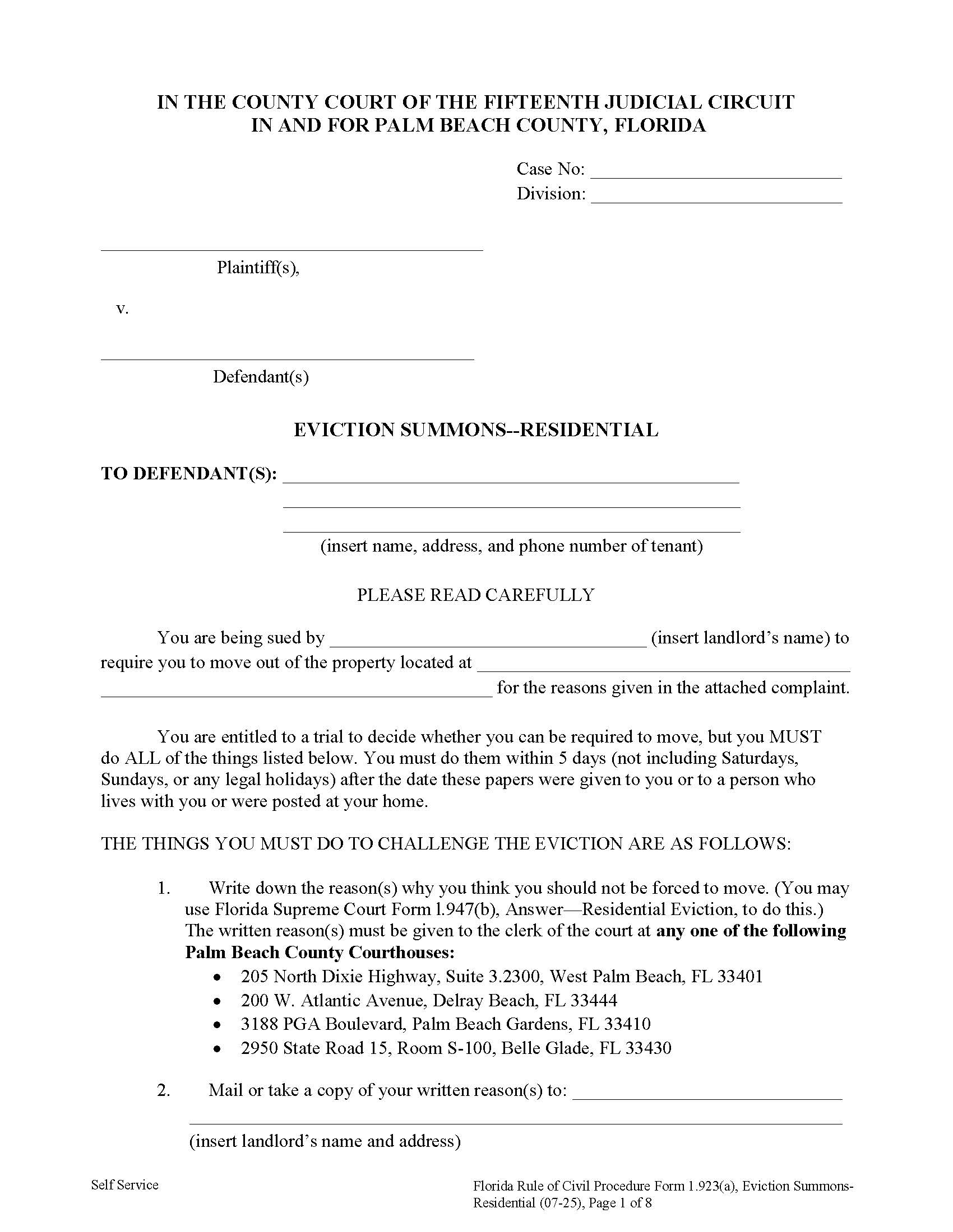 Eviction Summons Residential | Pdf Fpdf Docx | Florida