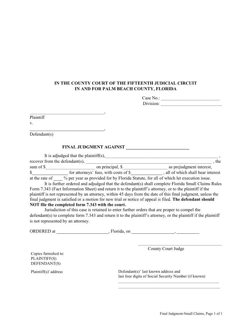 Final Judgment Against (Small Claims) | Pdf Fpdf Docx | Florida