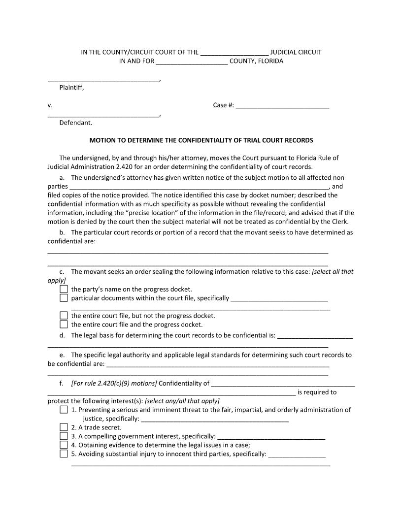 Motion To Determine The Confidentiality Of Trial Court Records | Pdf Fpdf Docx | Florida