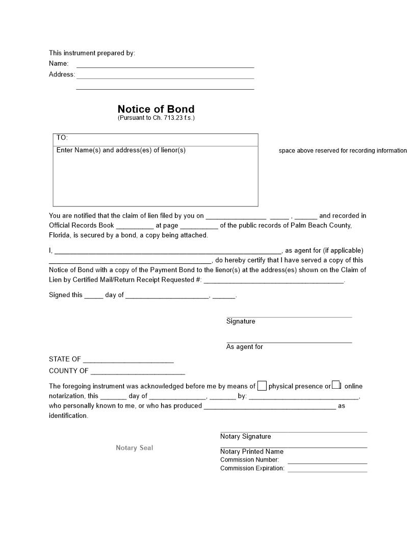 Notice Of Bond | Pdf Fpdf Docx | Florida