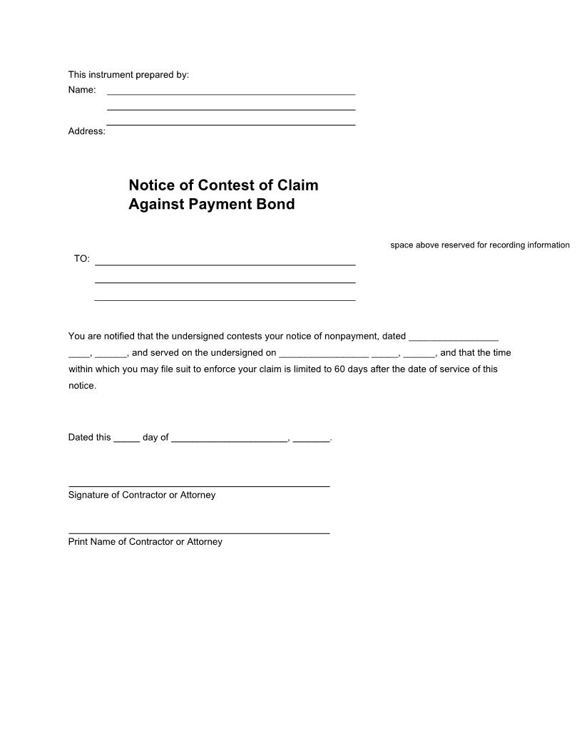 Notice Of Contest Of Claim Against Payment Bond | Pdf Fpdf Docx | Florida
