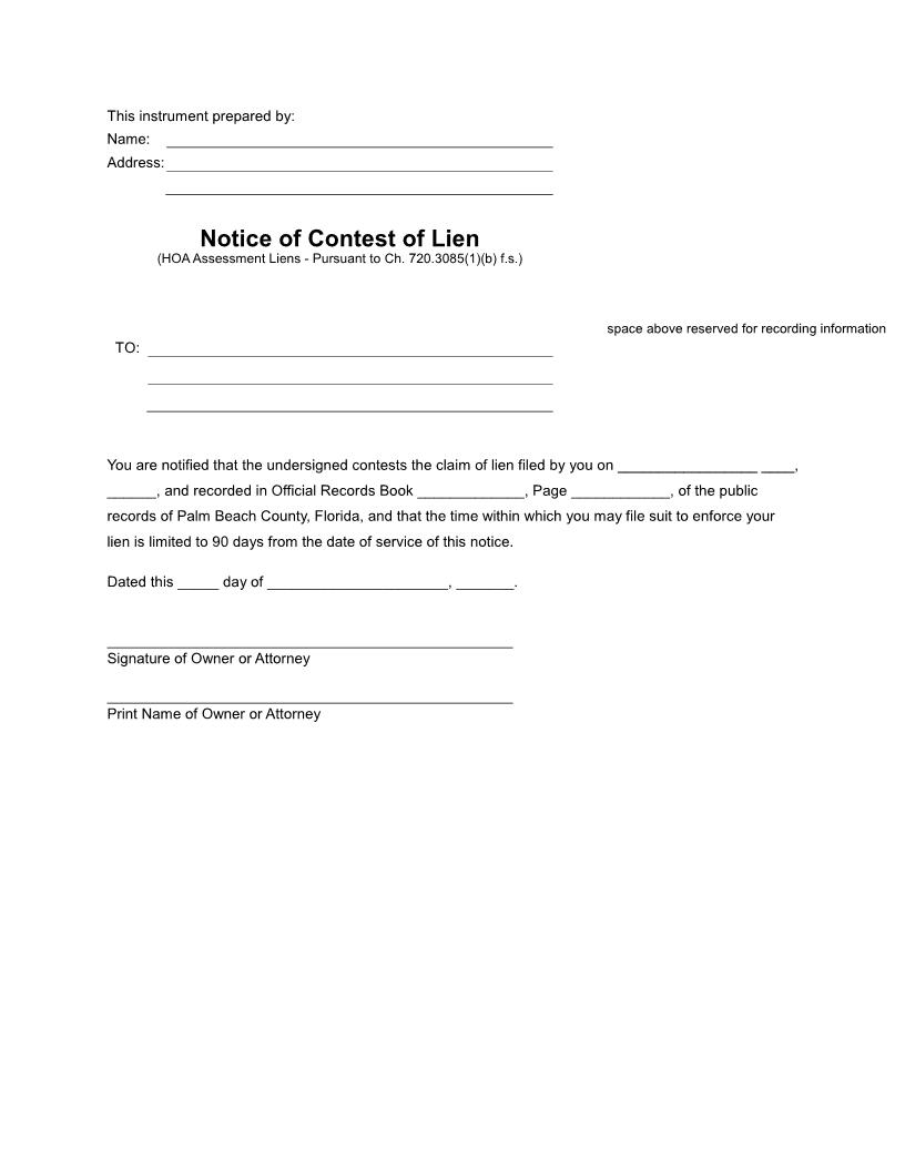 Notice Of Contest Of Lien (HOA) | Pdf Fpdf Docx | Florida