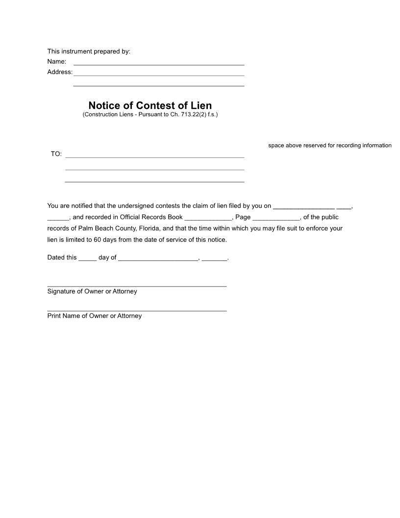 Notice Of Contest Of Lien | Pdf Fpdf Docx | Florida