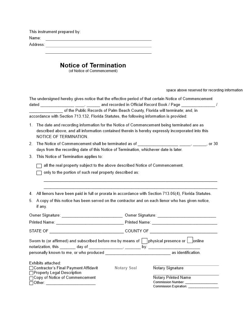 Notice Of Termination (Of Notice Of Commencement) | Pdf Fpdf Docx | Florida