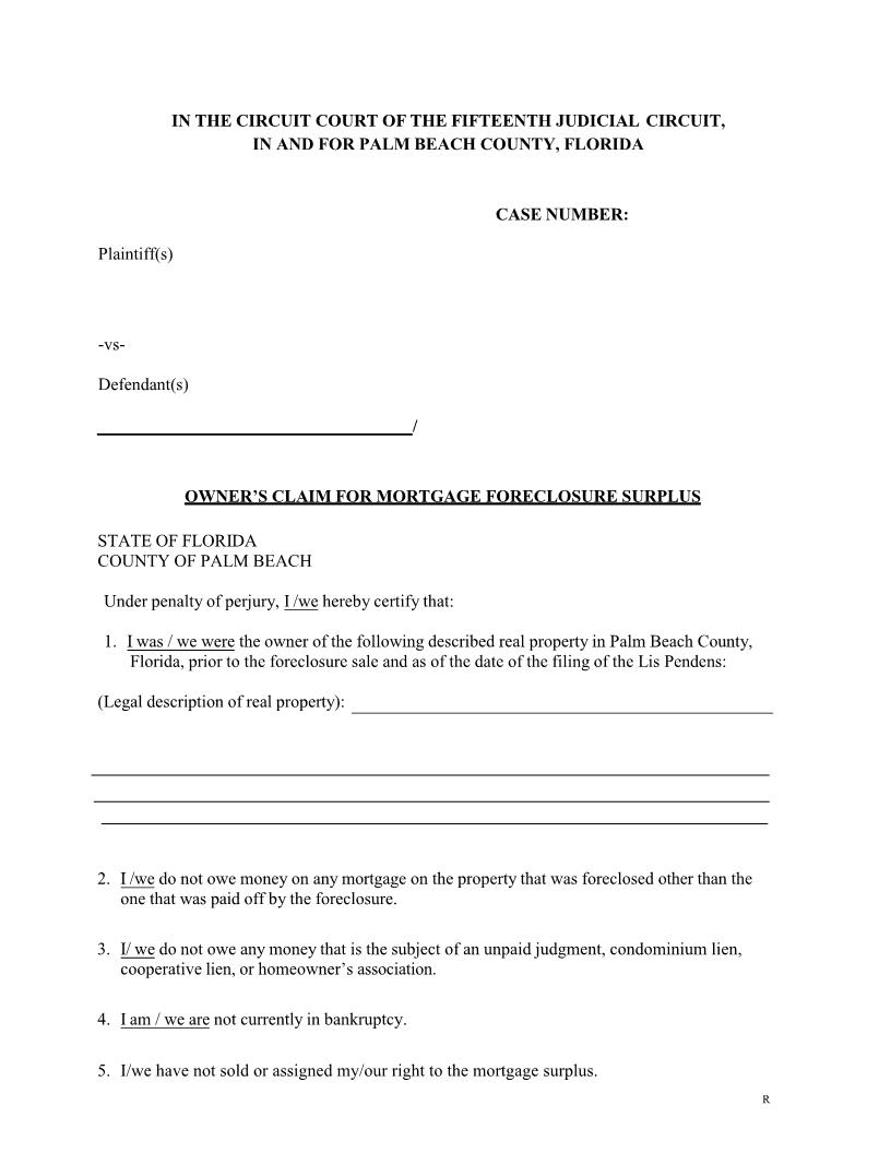 Owners Claim For Mortgage Foreclosure Surplus | Pdf Fpdf Docx | Florida