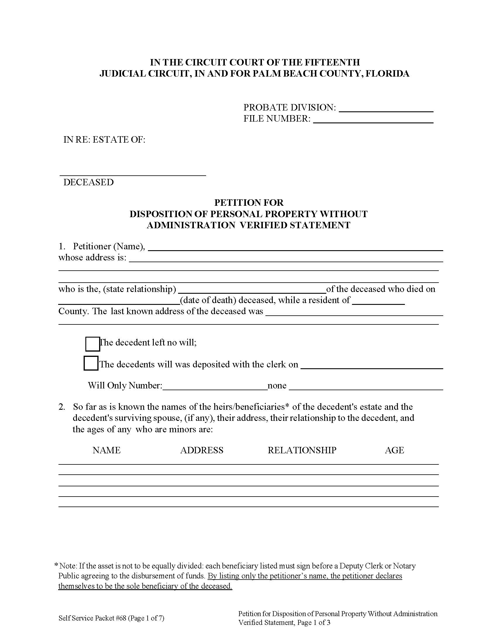 Petition For Disposition Personal Property Without Administration Affidavit Of Heirship | Pdf Fpdf Docx | Florida