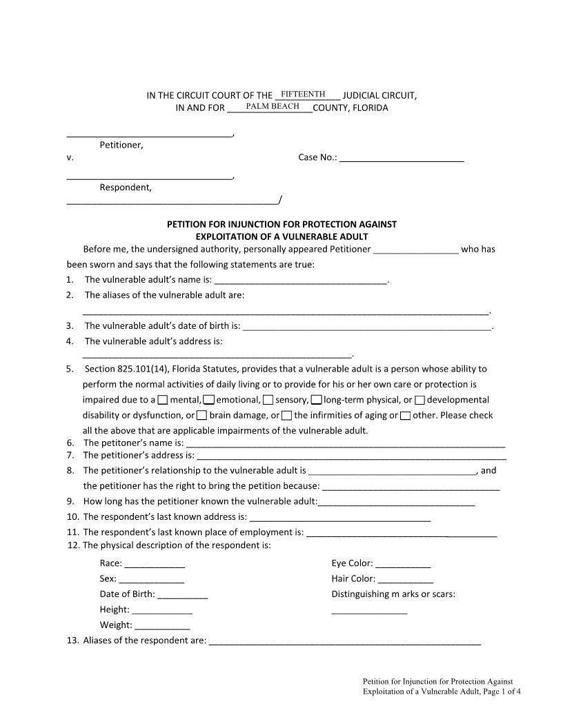 Petition For Injunction Against Exploitation Of A Vulnerable Adult | Pdf Fpdf Docx | Florida