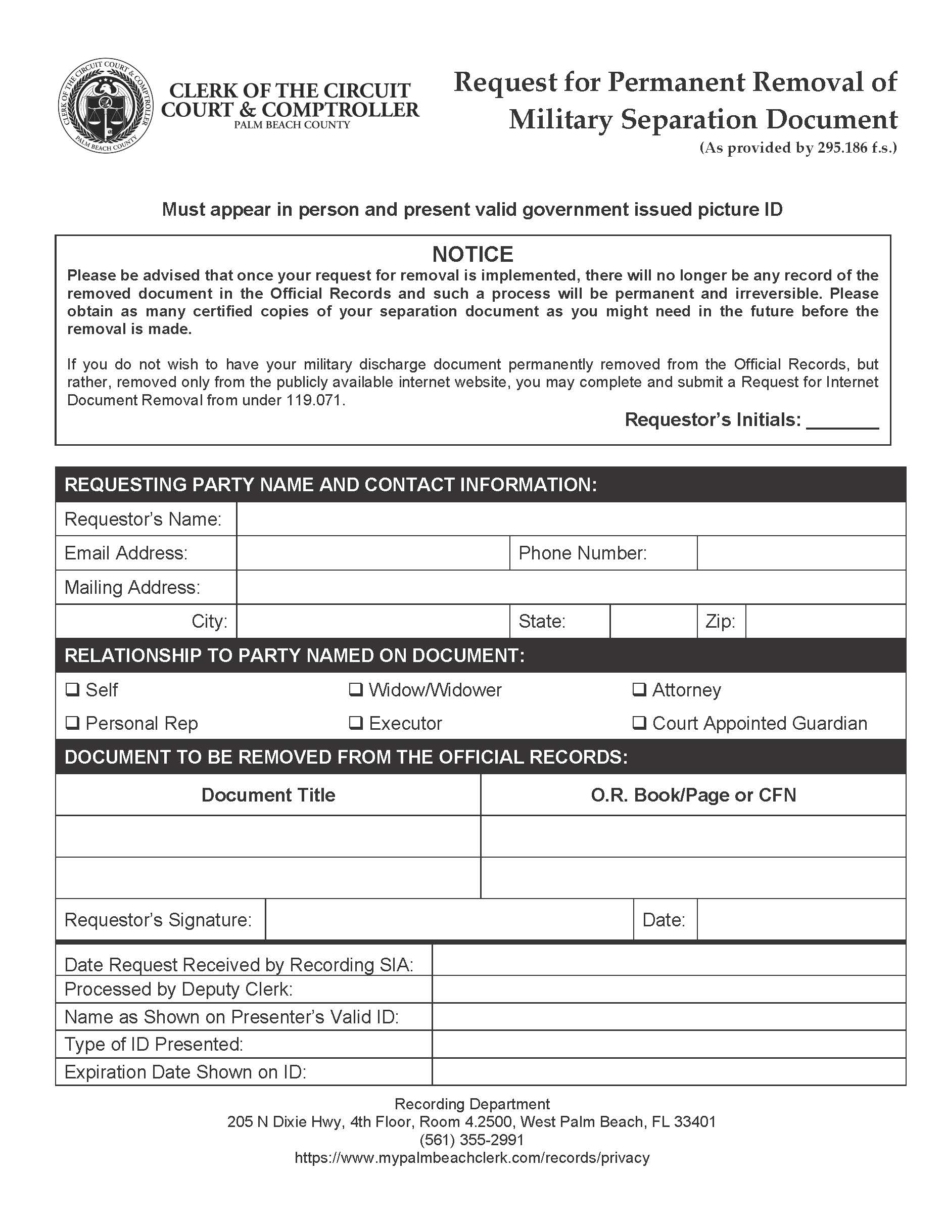 Request For Permanent Removal Of Military Separation Document | Pdf Fpdf Docx | Florida