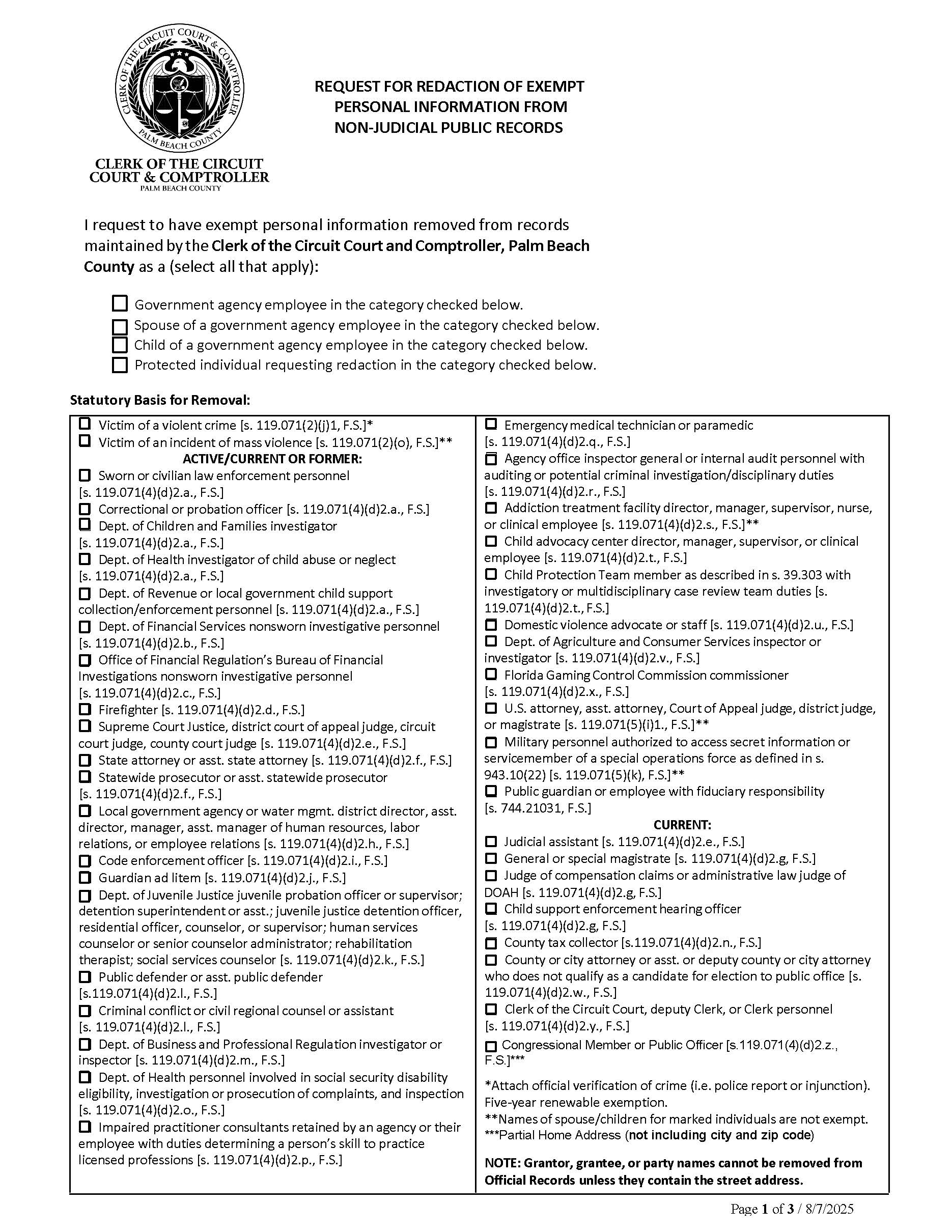 Request For Redaction Exempt Personal Information Non-Judicial Public Records | Pdf Fpdf Docx | Florida
