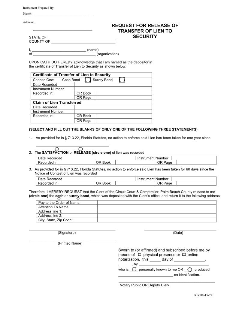 Request For Release Of Transfer Of Lien To Security | Pdf Fpdf Docx | Florida