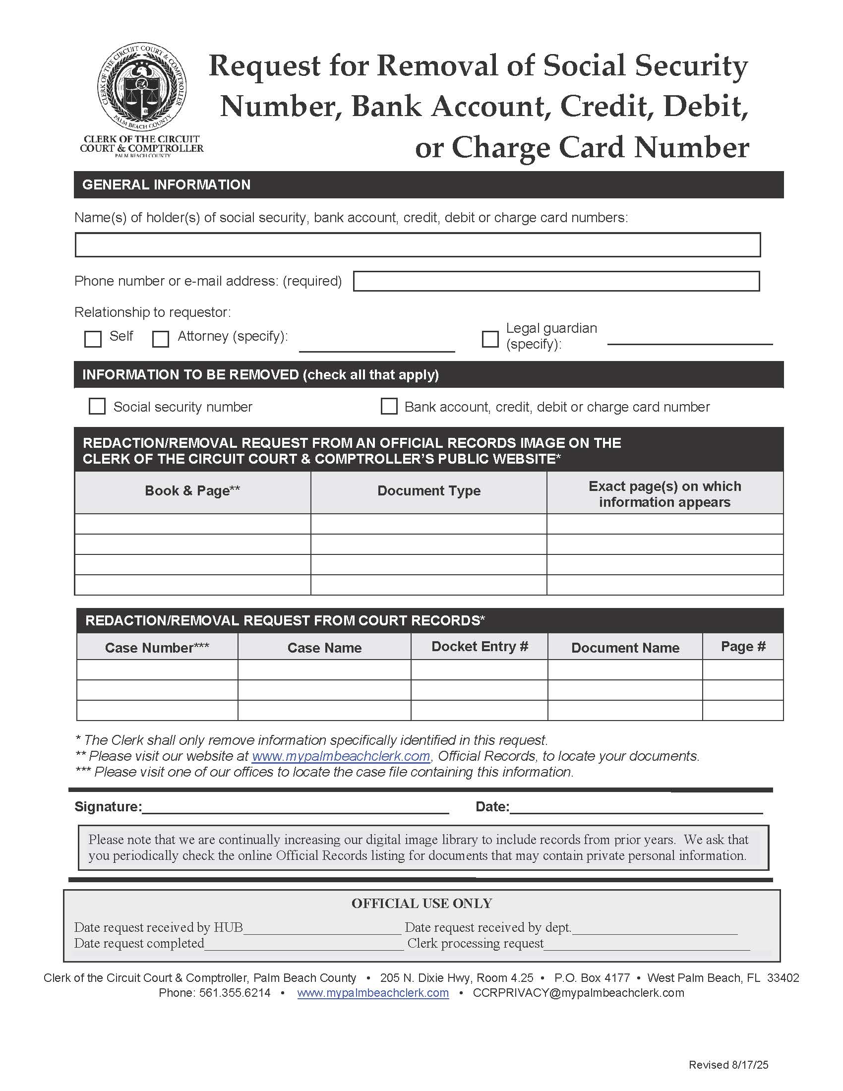 Request For Removal Of SS Number Bank Account CC Number | Pdf Fpdf Docx | Florida
