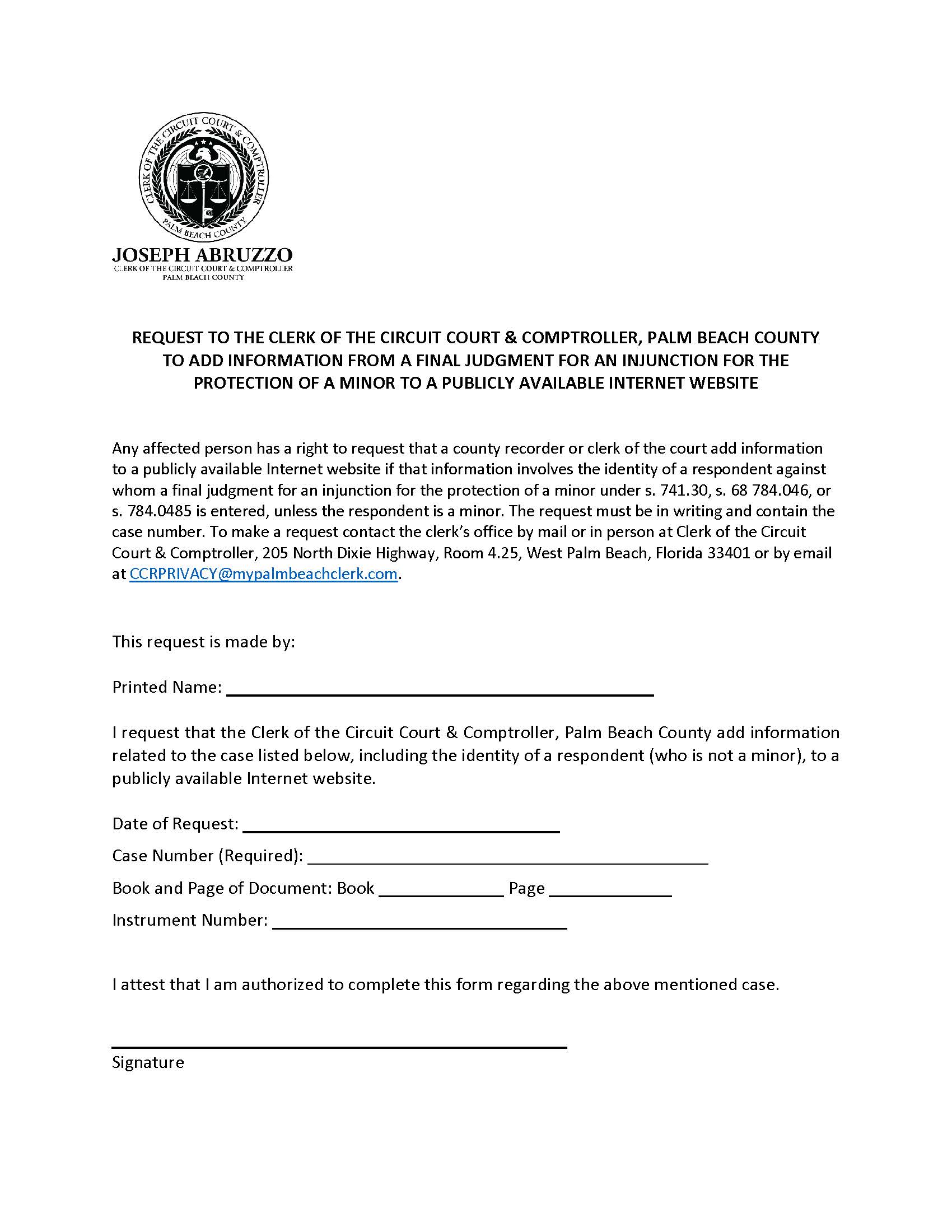 Request To Add Final Judgment Information Protected Minor Public Website | Pdf Fpdf Docx | Florida