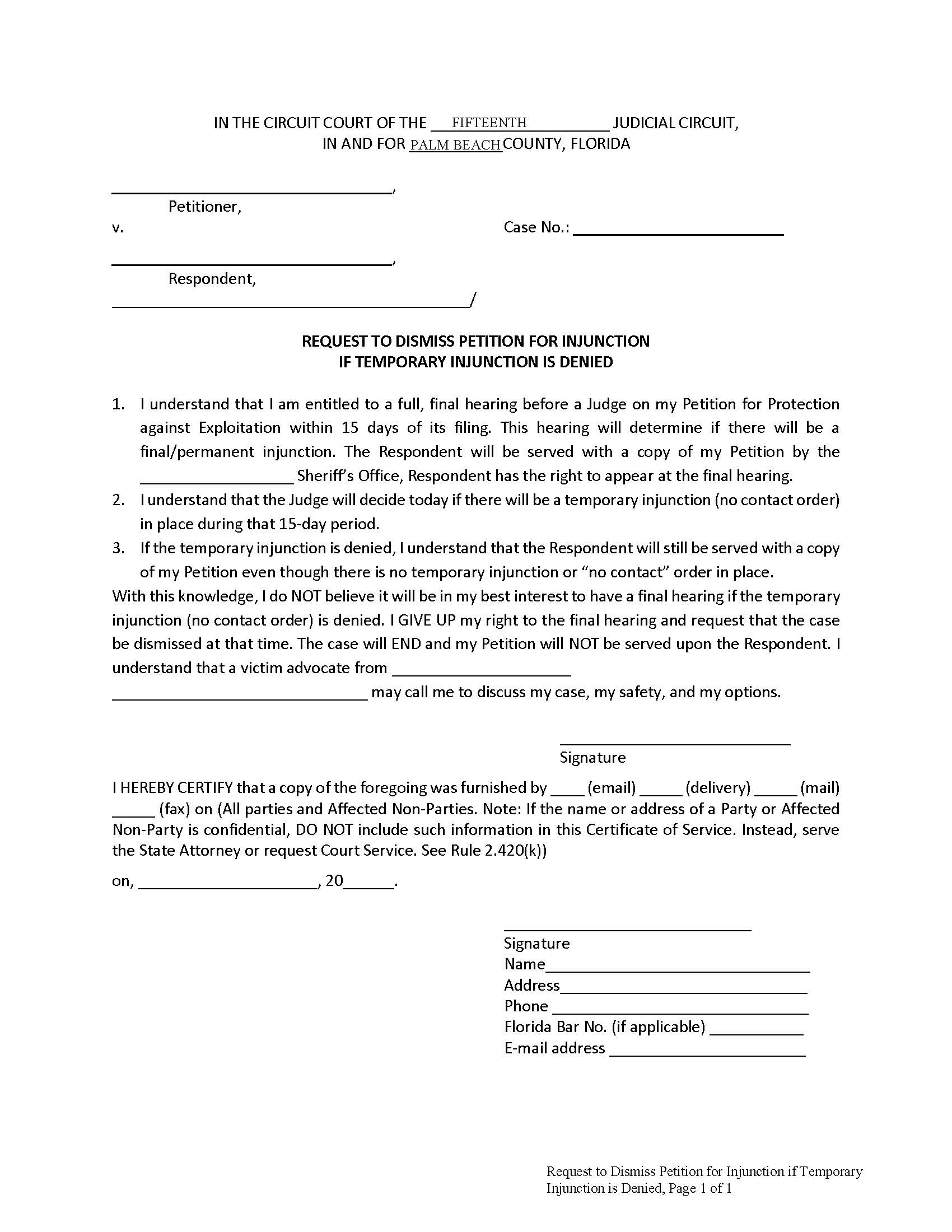 Request To Dismiss Petition For Injunction (Vulnerable Adult) | Pdf Fpdf Docx | Florida
