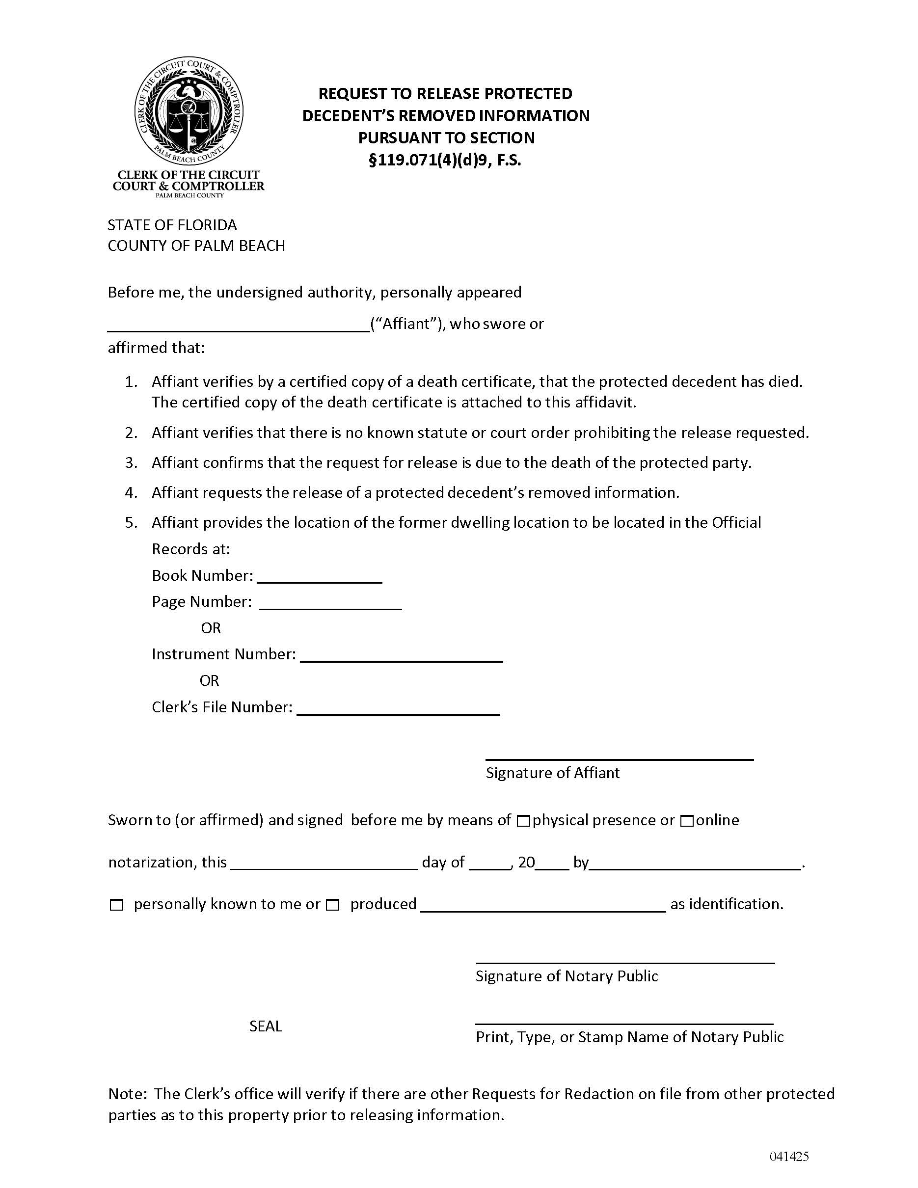 Request To Release Protected Decedents Removed Information | Pdf Fpdf Docx | Florida