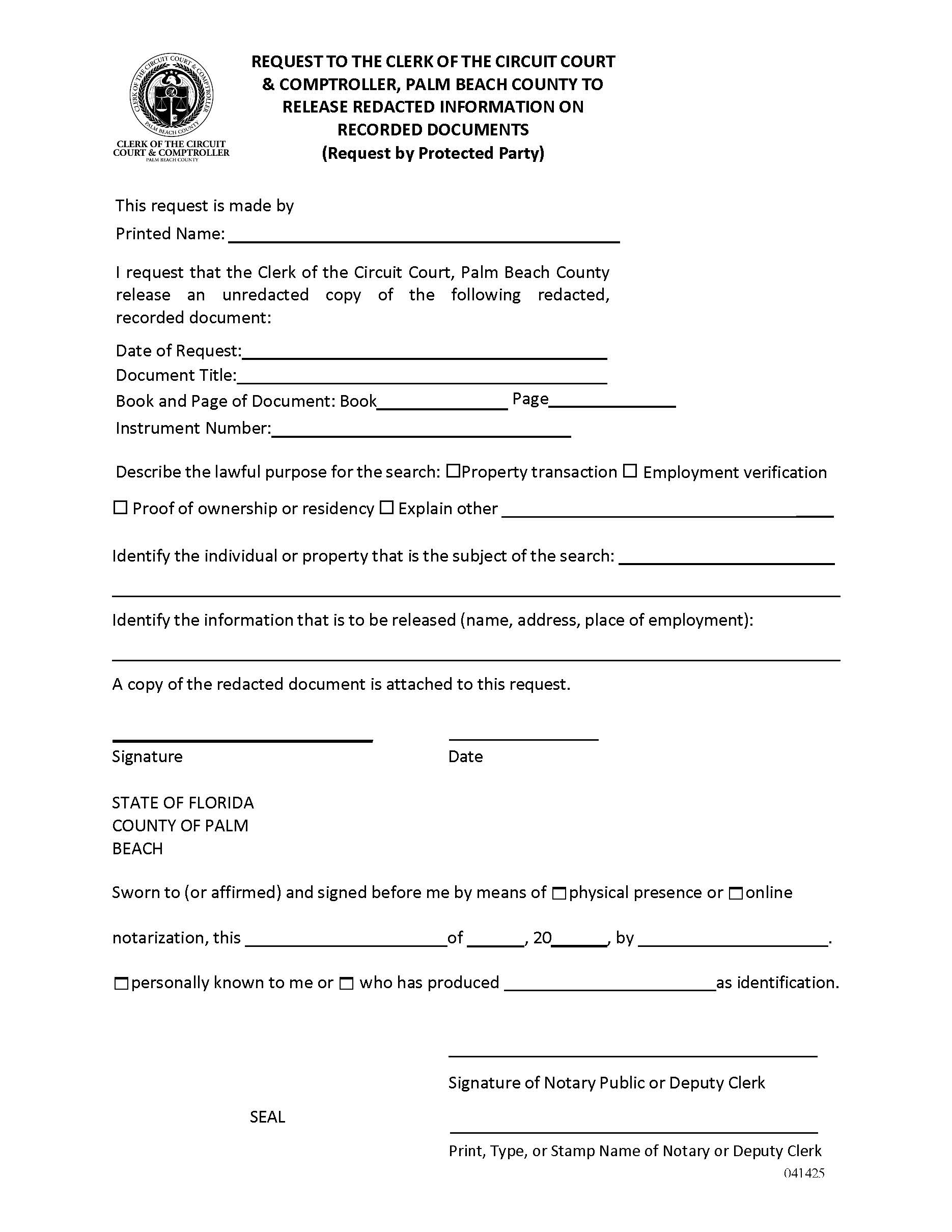 Request To Release Redacted Information On Recorded Documents (Protected Party) | Pdf Fpdf Docx | Florida