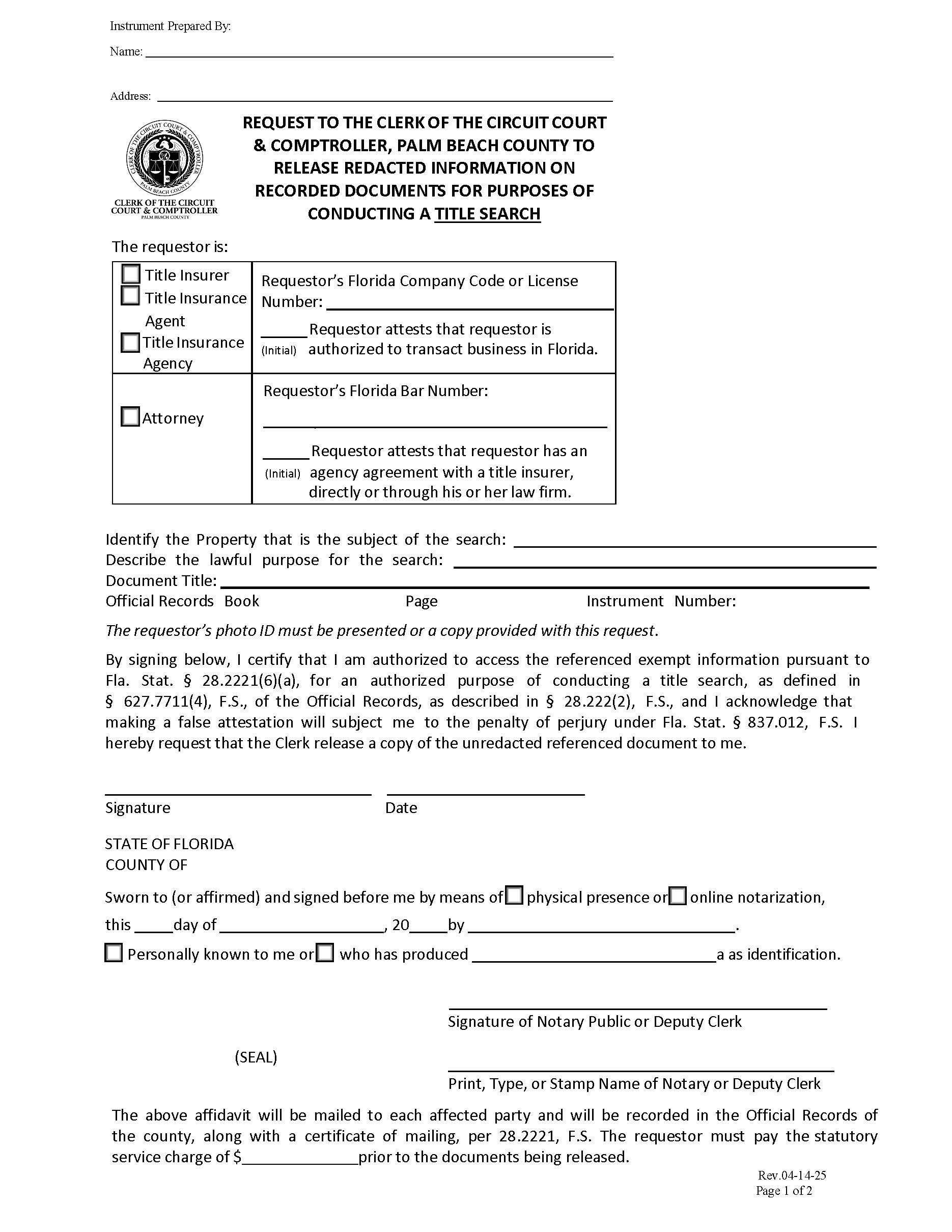 Request To Release Redacted Information On Recorded Documents (Title Search) | Pdf Fpdf Docx | Florida