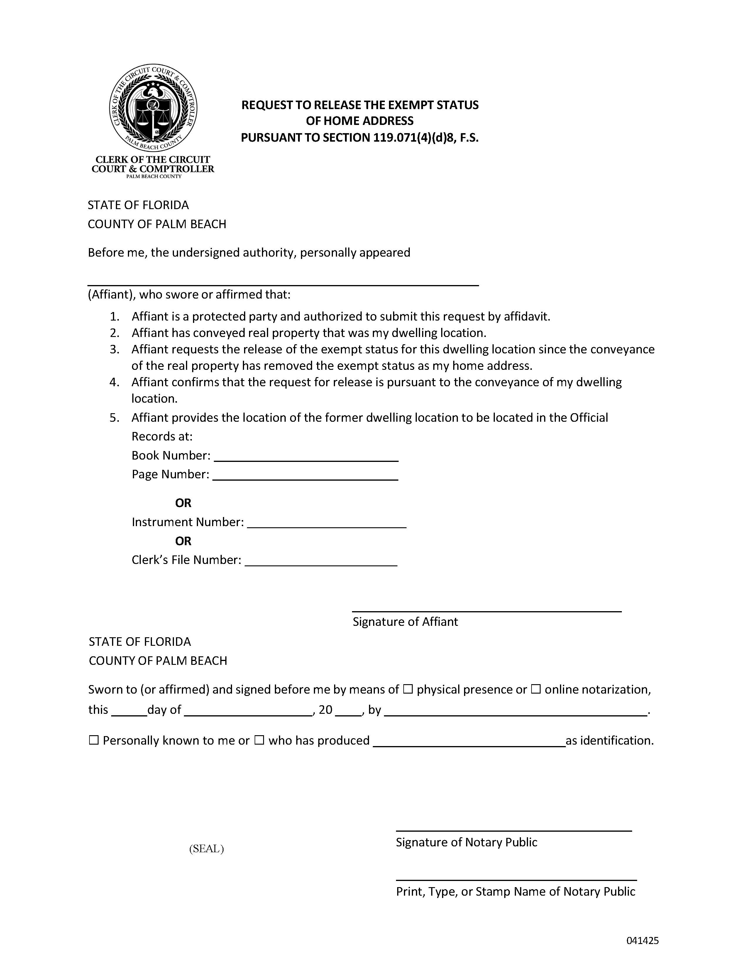 Request To Release The Exempt Status Of Home Address | Pdf Fpdf Docx | Florida