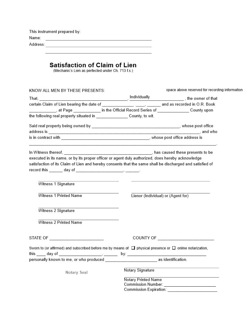 Satisfaction Of Claim Of Lien | Pdf Fpdf Docx | Florida