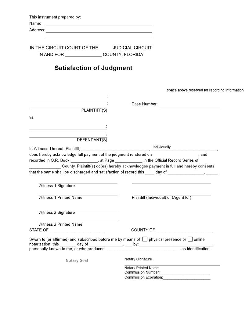 Satisfaction Of Judgment | Pdf Fpdf Docx | Florida