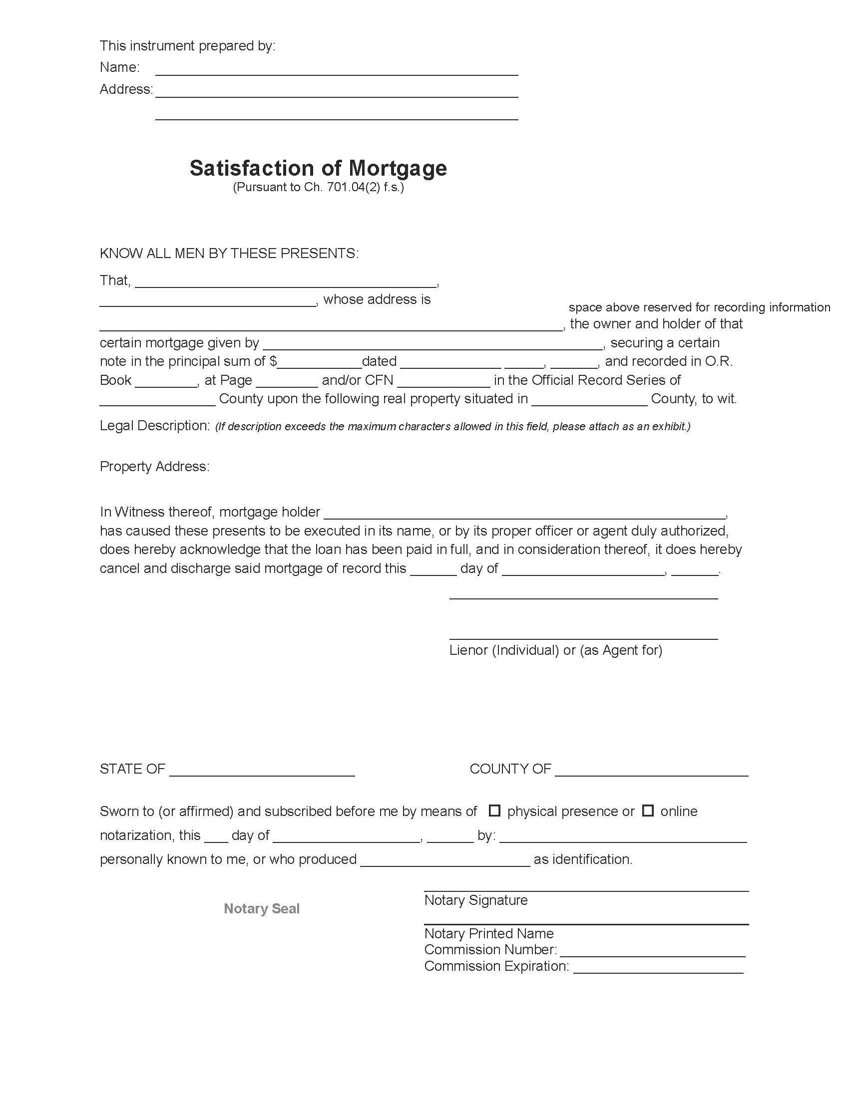 Satisfaction Of Mortage | Pdf Fpdf Docx | Florida