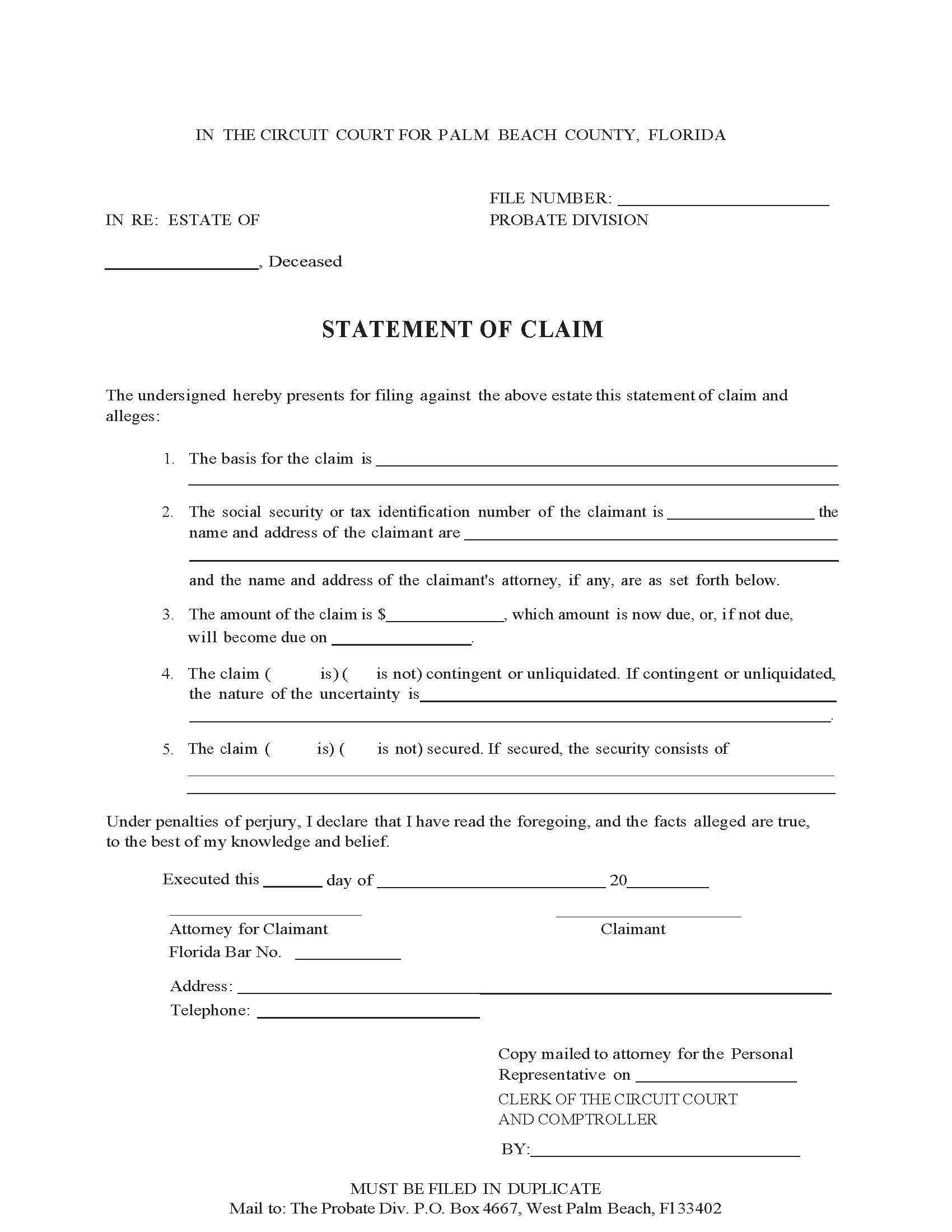 Statement Of Claim (Probate) {PB SoC-P} | Pdf Fpdf Docx | Florida