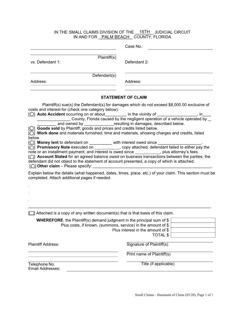 Statement Of Claim (Small Claims) | Pdf Fpdf Docx | Florida