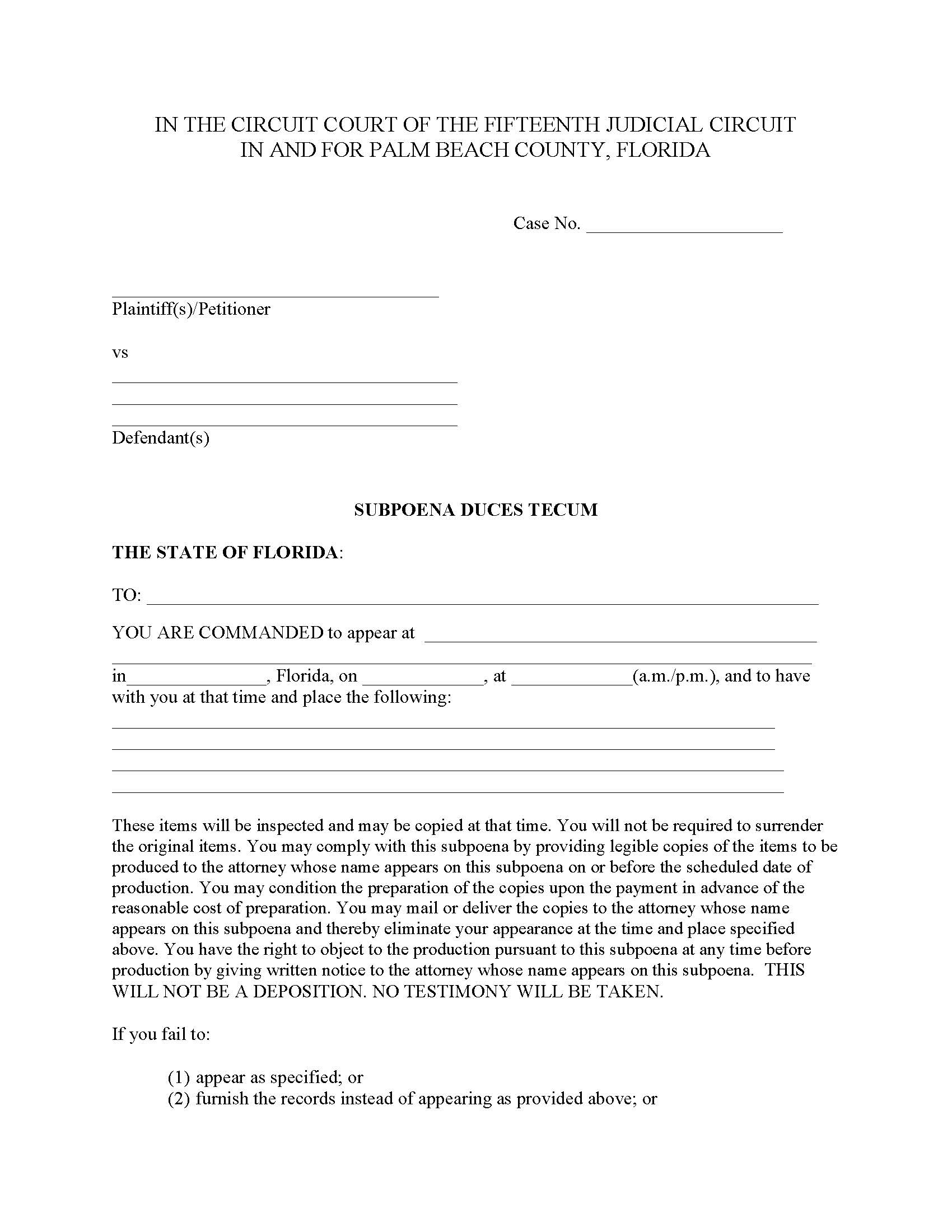 Subpoena Duces Tecum (No Deposition) | Pdf Fpdf Docx | Florida