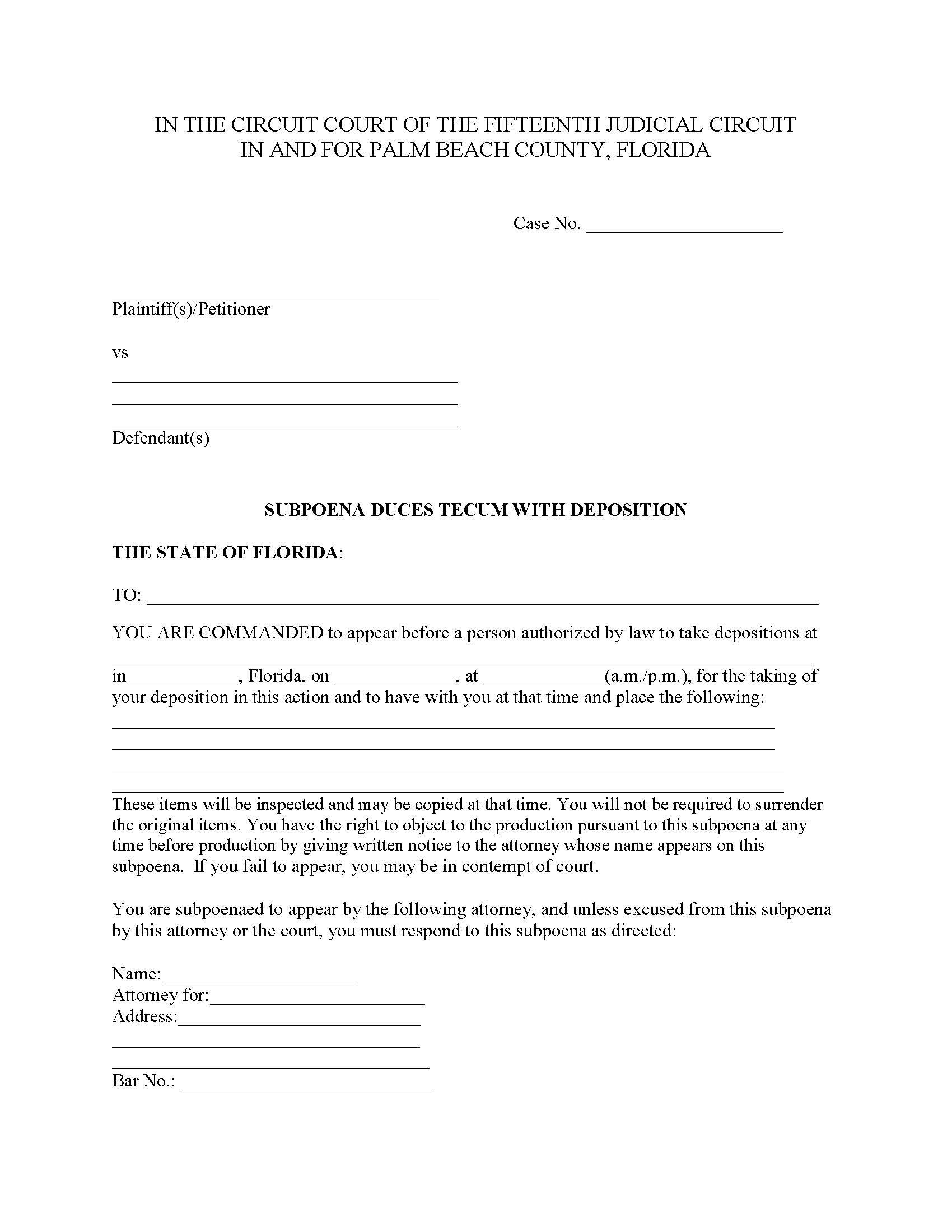 Subpoena Duces Tecum With Deposition | Pdf Fpdf Docx | Florida