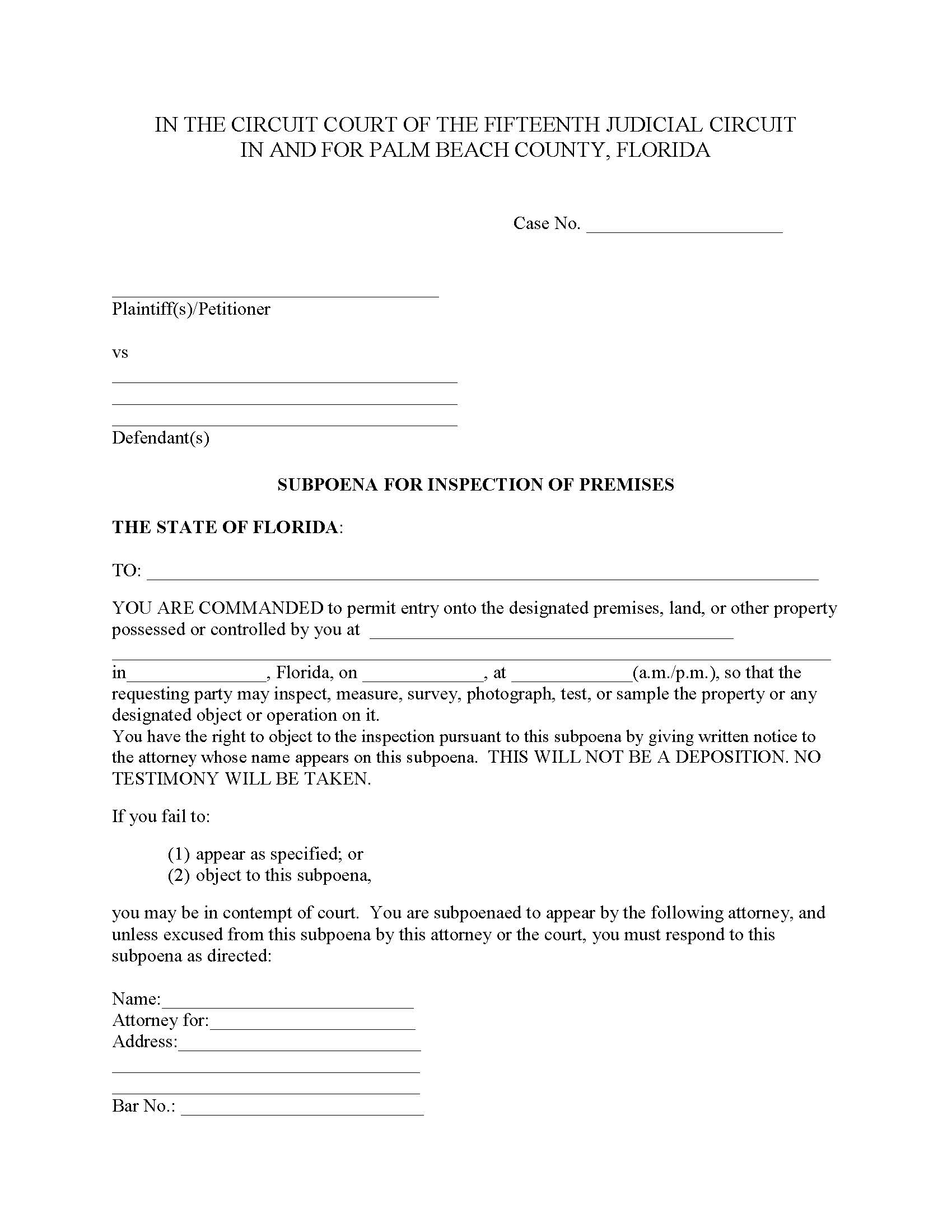 Subpoena For Inspection Of Premises | Pdf Fpdf Docx | Florida