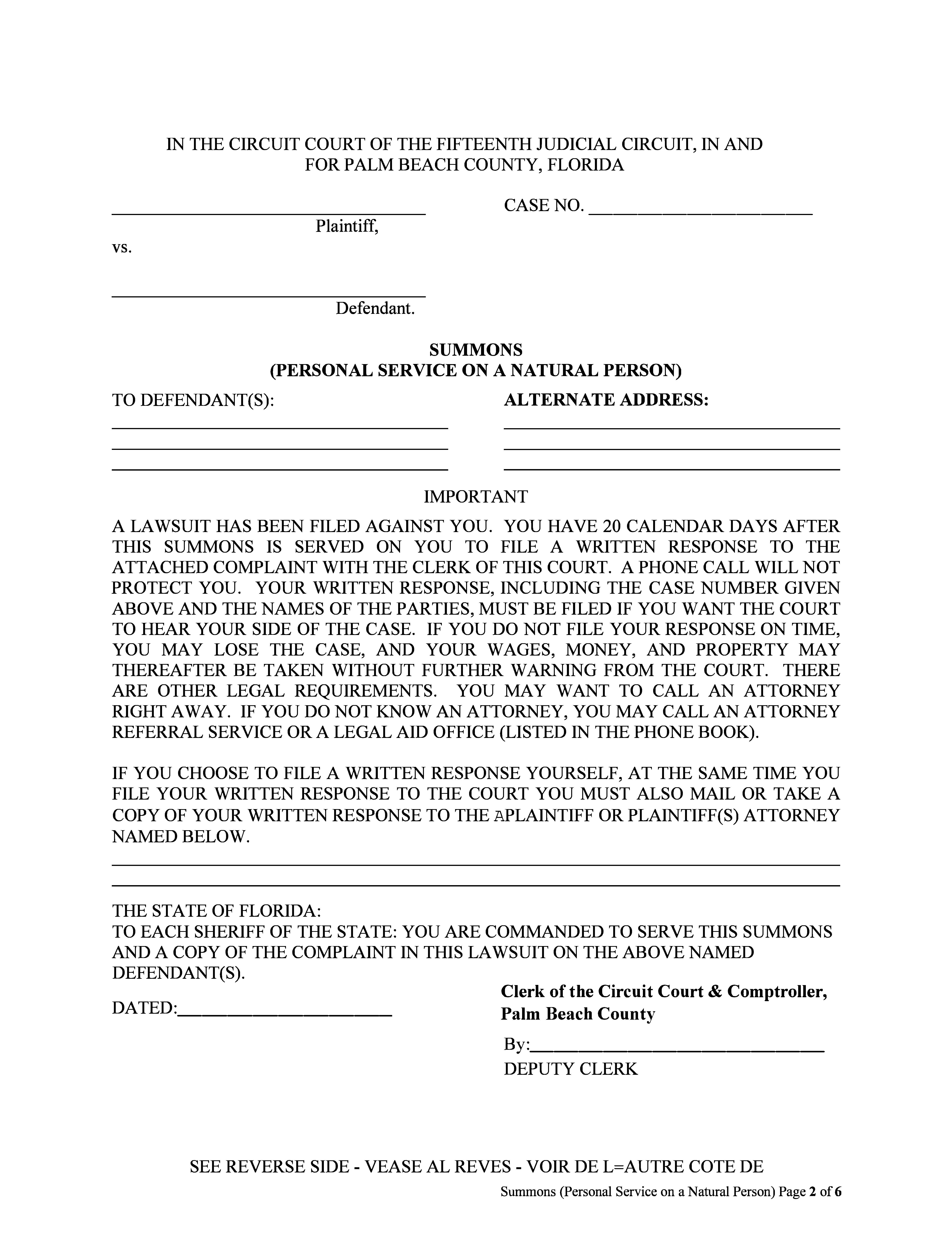 Summons (Personal Service On A Natural Person - Circuit Civil) | Pdf Fpdf Docx | Florida
