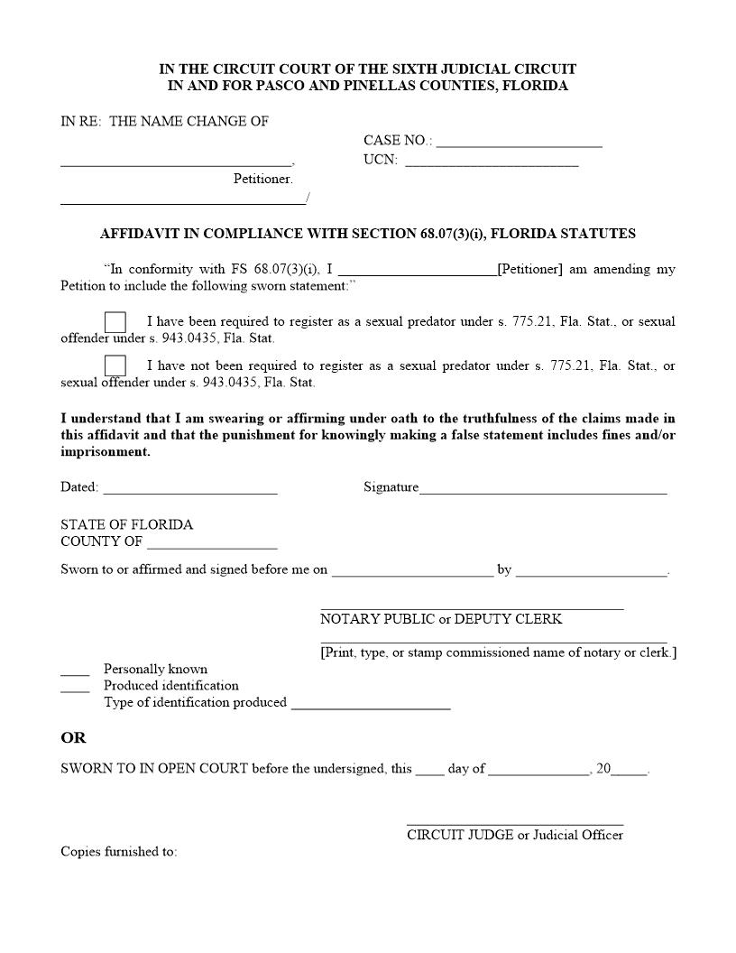 Affidavit In Compliance With Section 68.07(3)(i) FL Statutes (Amending Name Change) | Pdf Fpdf Docx | Florida