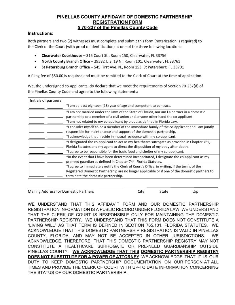 Affidavit Of Domestic Partnership Registration Form | Pdf Fpdf Docx | Florida