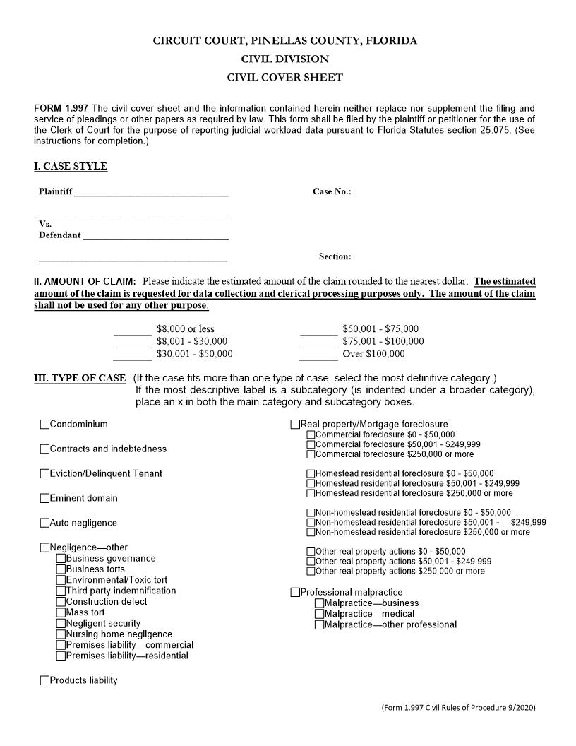 Civil Cover Sheet | Pdf Fpdf Docx | Florida