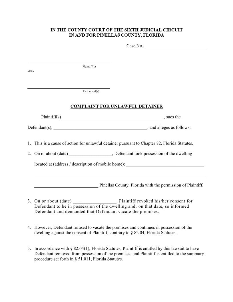 Complaint For Unlawful Detainer | Pdf Fpdf Docx | Florida
