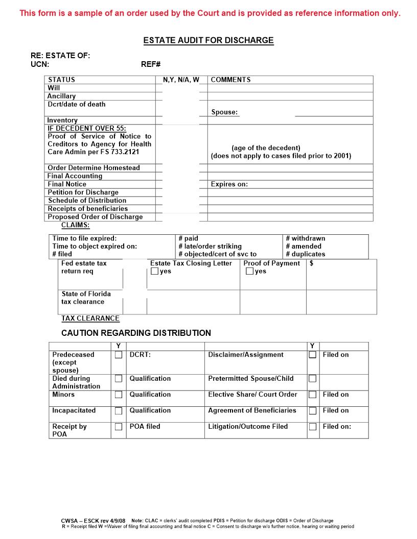 Estate Audit For Discharge Worksheet | Pdf Fpdf Docx | Florida