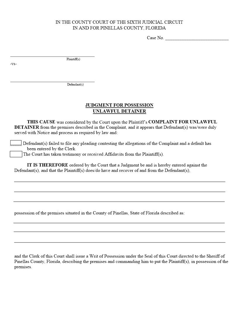 Judgment For Possession Unlawful Detainer | Pdf Fpdf Docx | Florida