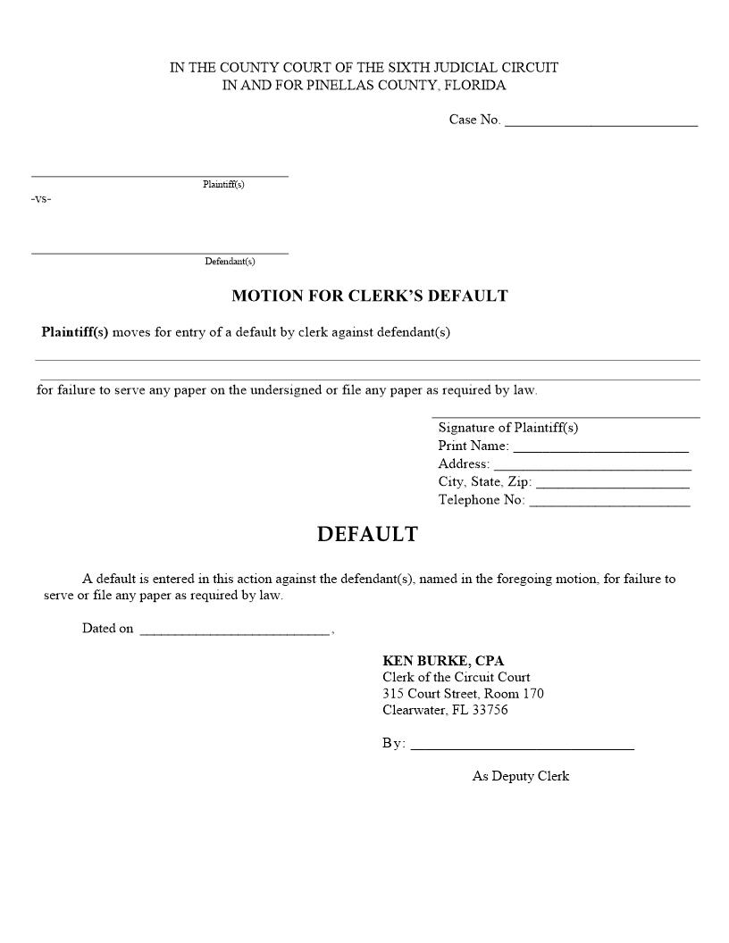 Motion For Clerks Default And Default | Pdf Fpdf Docx | Florida