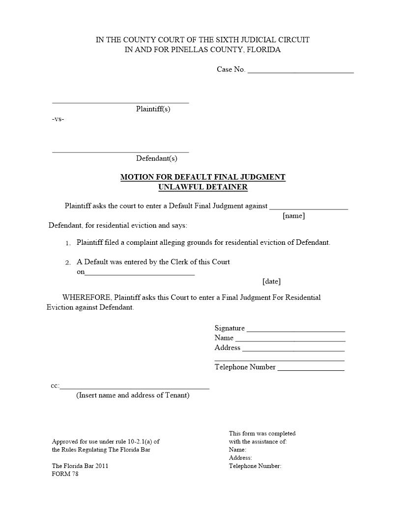 Motion For Default Final Judgment Unlawful Detainer | Pdf Fpdf Docx | Florida