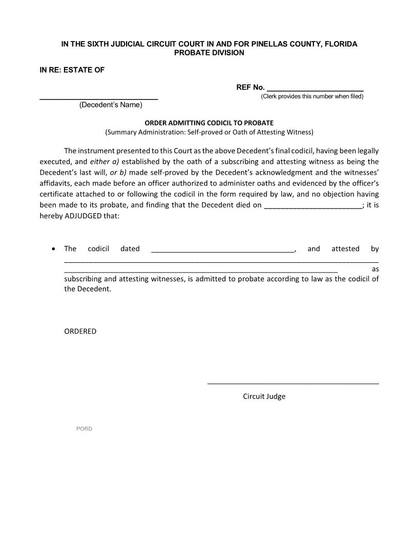 Order Admitting Codicil To Probate (Summary Administration Self-Proved Or Witness) | Pdf Fpdf Docx | Florida