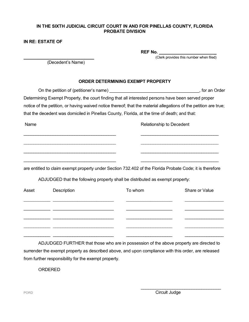 Order Determining Exempt Property | Pdf Fpdf Docx | Florida
