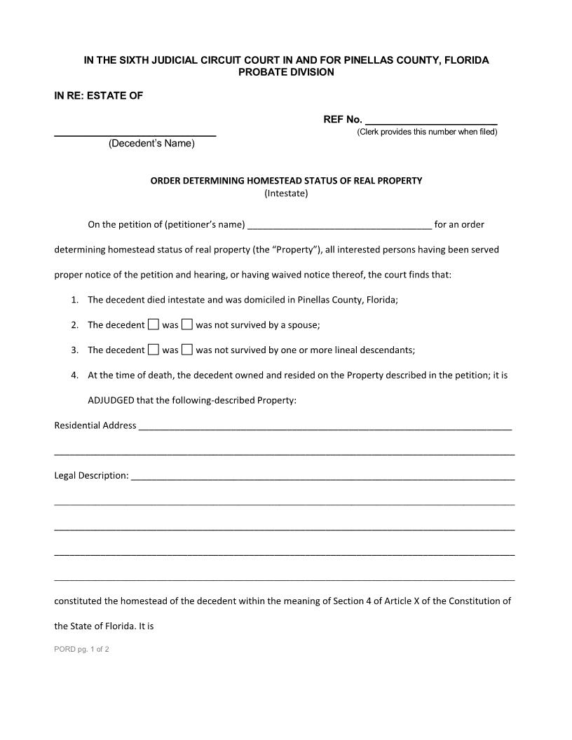 Order Determining Homestead Status Of Real Property (Intestate) | Pdf Fpdf Docx | Florida