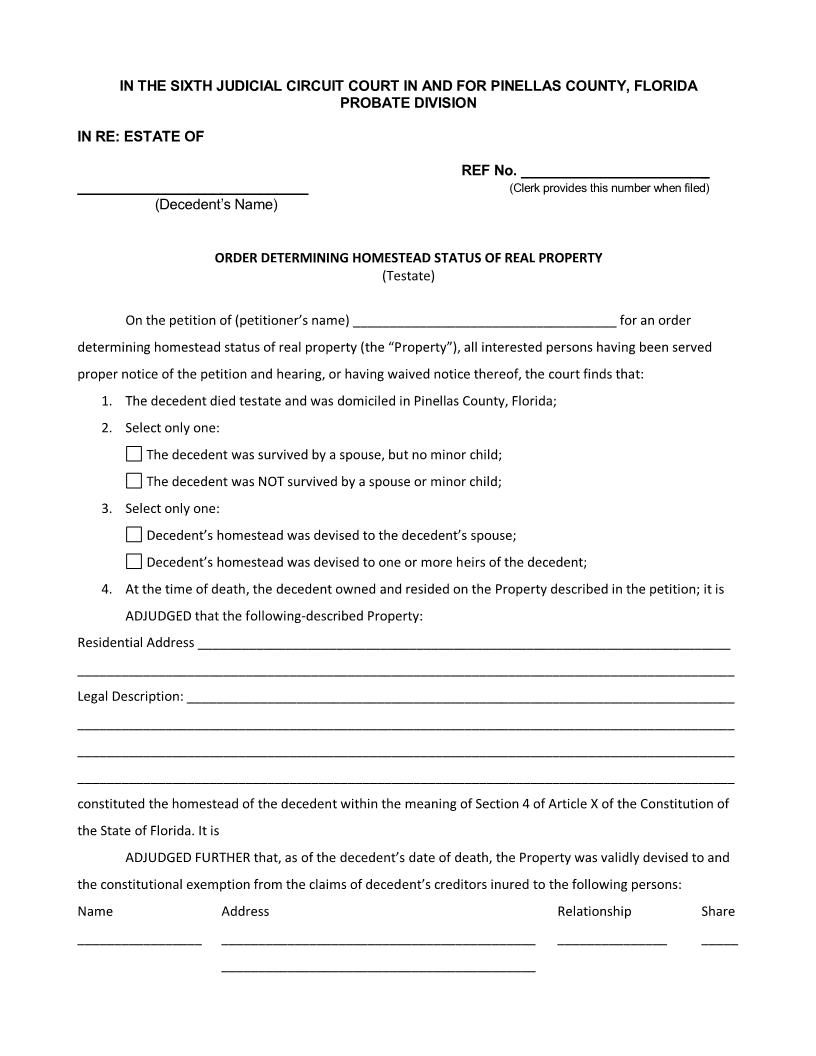 Order Determining Homestead Status Of Real Property (Testate) | Pdf Fpdf Docx | Florida