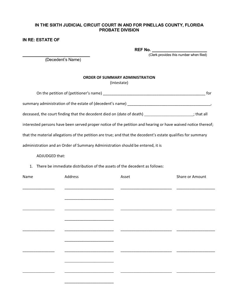 Order Of Summary Administration (Intestate) | Pdf Fpdf Docx | Florida