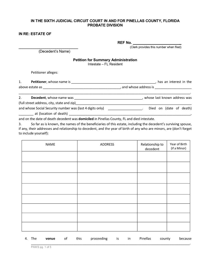 Petition For Summary Administration Intestate FL Resident | Pdf Fpdf Docx | Florida