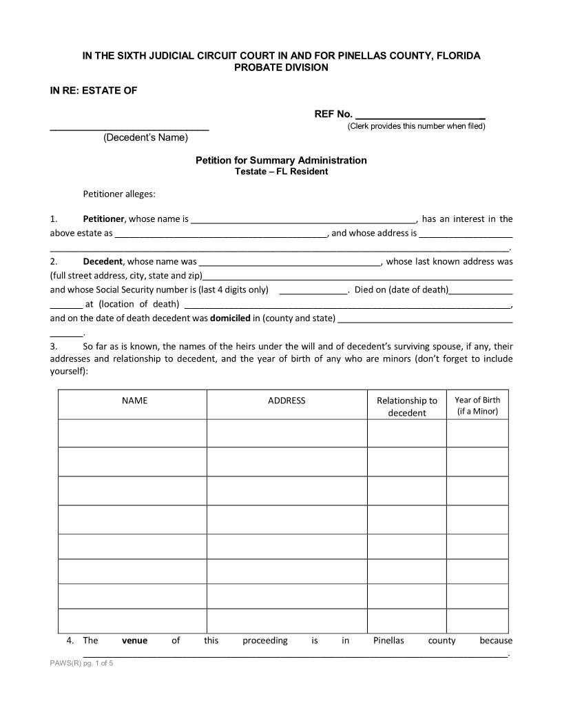 Petition For Summary Administration Testate FL Resident | Pdf Fpdf Docx | Florida