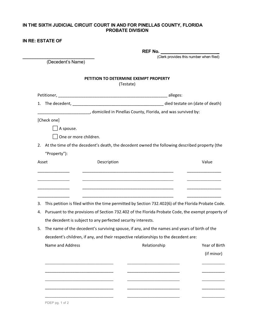 Petition To Determine Exempt Property (Testate) | Pdf Fpdf Docx | Florida