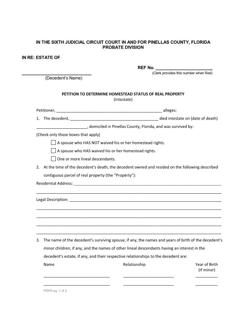 Petition To Determine Homestead Status Of Real Property (Intestate) | Pdf Fpdf Docx | Florida