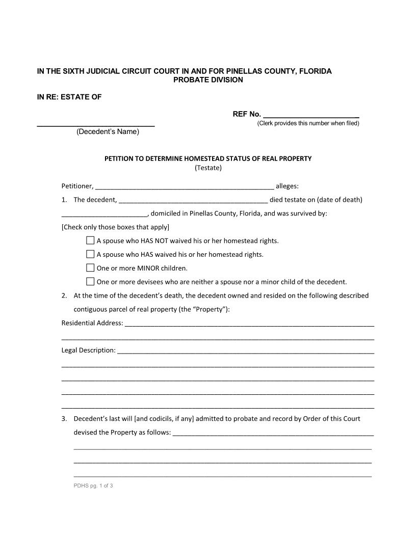 Petition To Determine Homestead Status Of Real Property (Testate) | Pdf Fpdf Docx | Florida