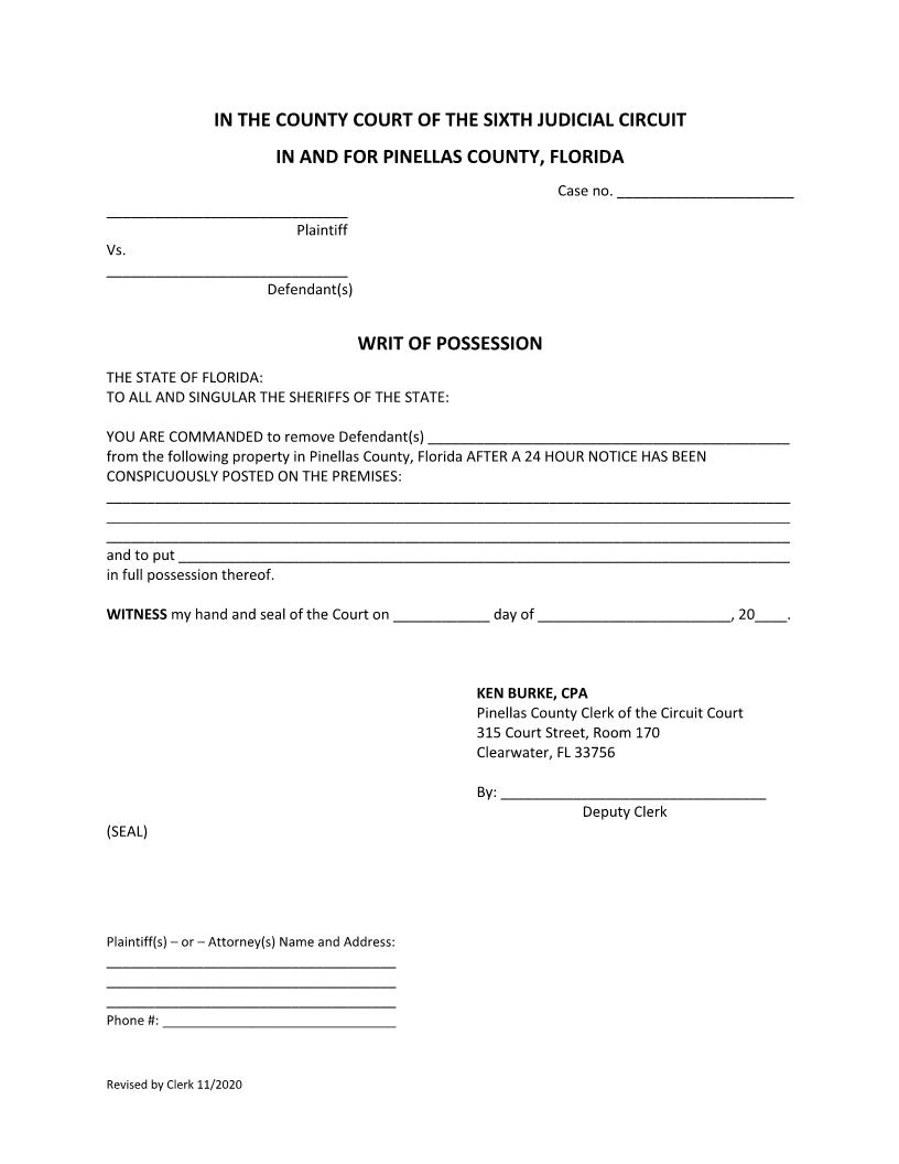 Writ Of Possession | Pdf Fpdf Docx | Florida