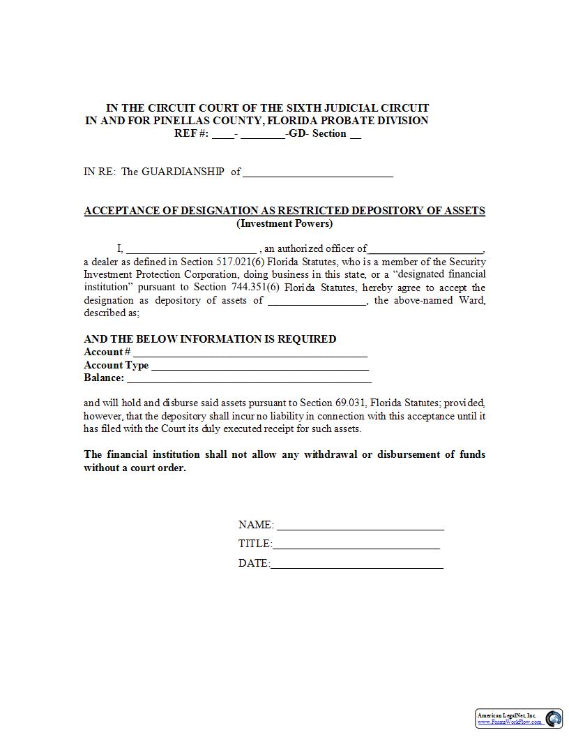 Acceptance Of Designation As Restricted Depository Of Assets Investment Powers | Pdf Fpdf Docx | Florida
